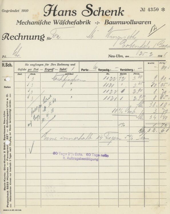 Firma M. Winzrieth (Kaufhaus)an Hans Schenk...