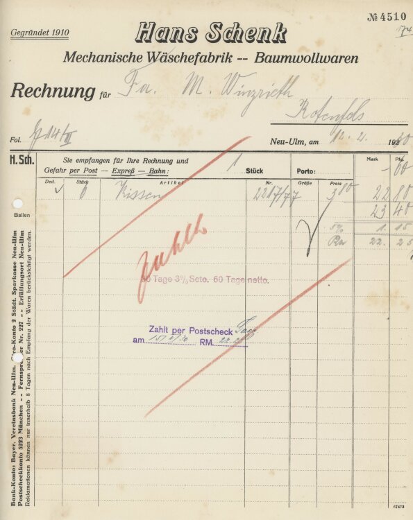 Firma M. Winzrieth (Kaufhaus)an Hans Schenk...