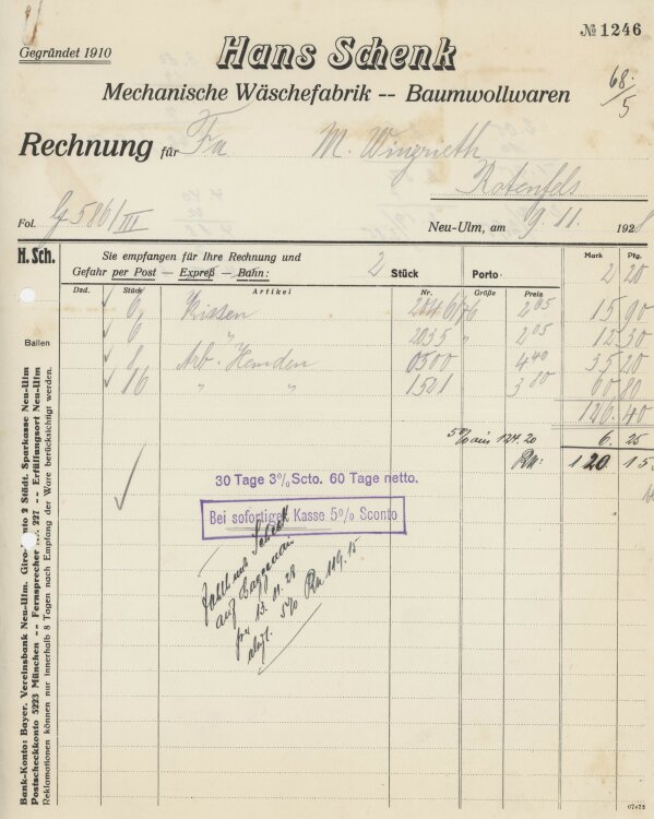 Firma M. Winzrieth (Kaufhaus)an Hans Schenk...