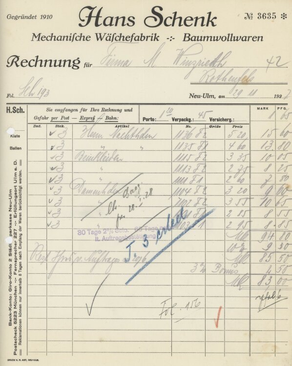 Firma M. Winzrieth (Kaufhaus)an Hans Schenk Wäschefabrik- Rechnung - 29.11.1927