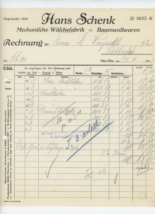 Firma M. Winzrieth (Kaufhaus)an Hans Schenk Wäschefabrik- Rechnung - 29.11.1927