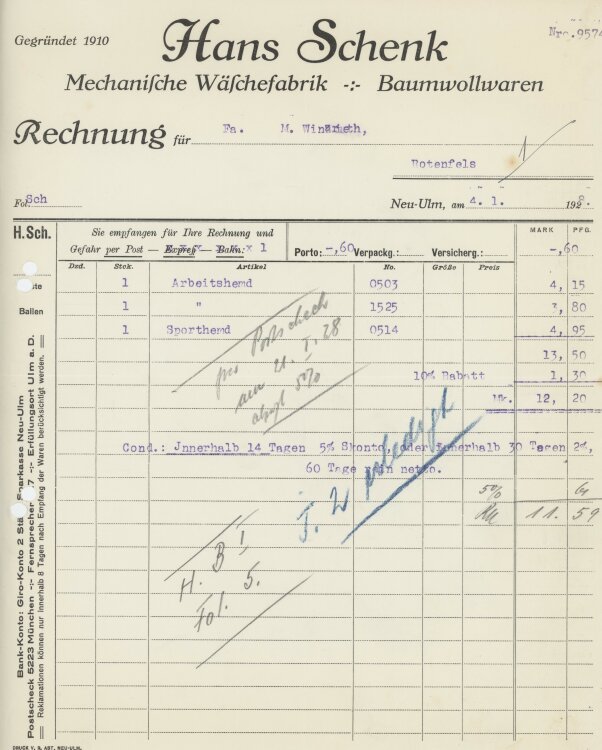 Firma M. Winzrieth (Kaufhaus)an Hans Schenk Wäschefabrik- Rechnung - 04.01.1928