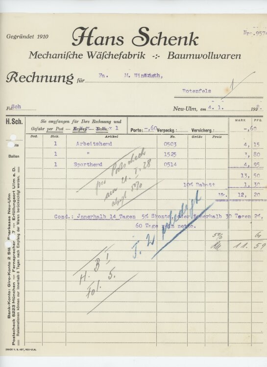 Firma M. Winzrieth (Kaufhaus)an Hans Schenk Wäschefabrik- Rechnung - 04.01.1928