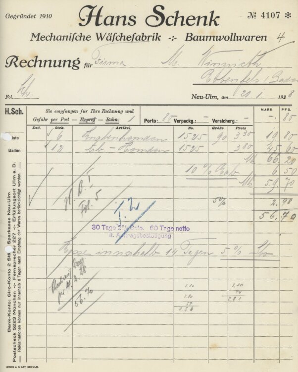 Firma M. Winzrieth (Kaufhaus)an Hans Schenk...