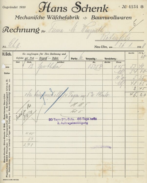 Firma M. Winzrieth (Kaufhaus)an Hans Schenk...