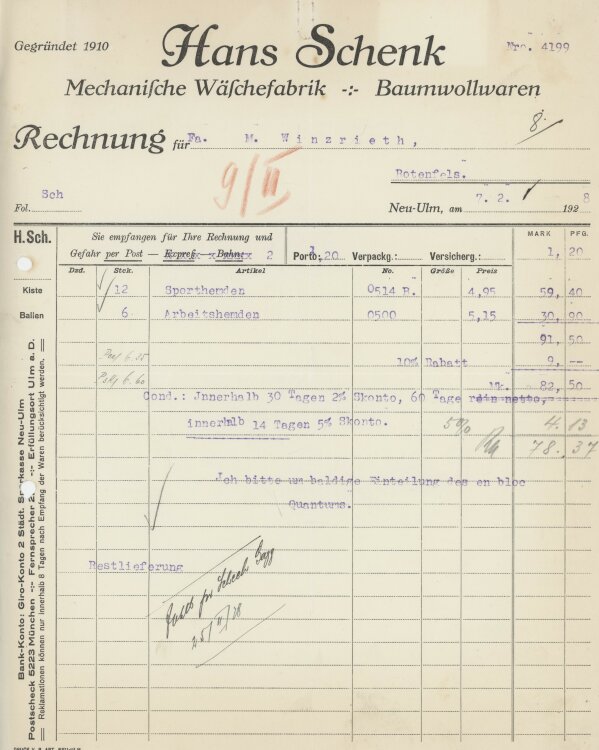 Firma M. Winzrieth (Kaufhaus)an Hans Schenk Wäschefabrik- Rechnung - 07.02.1928