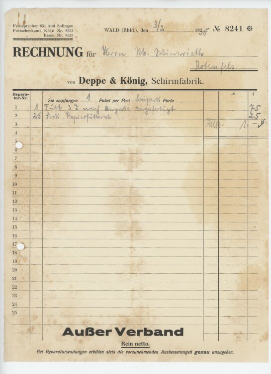 Firma M. Winzrieth (Kaufhaus)an Deppe & König Schirm-Grossfabrik- Rechnung - 03.02.1930