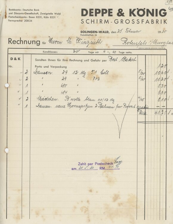 Firma M. Winzrieth (Kaufhaus)an Deppe & König Schirm-Grossfabrik- Rechnung - 25.02.1930