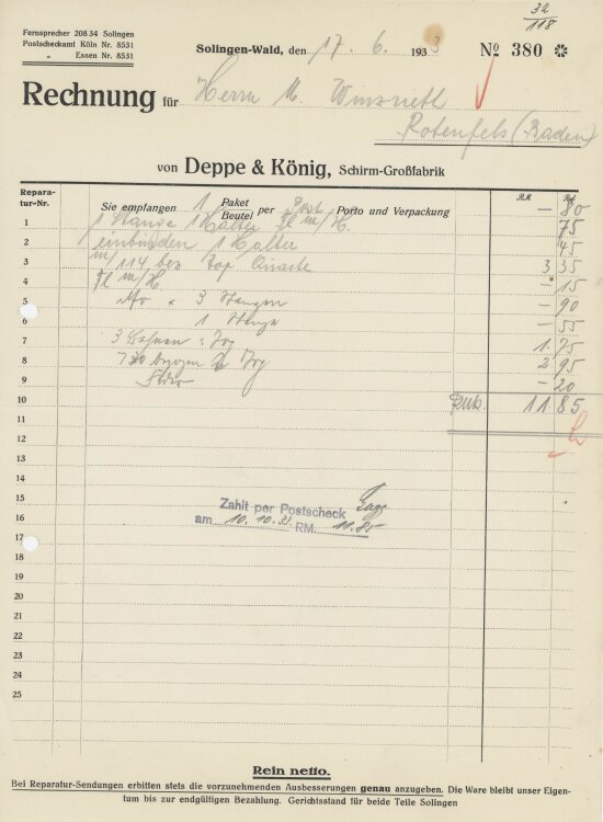 Firma M. Winzrieth (Kaufhaus)an Deppe & König Schirm-Grossfabrik- Rechnung - 17.06.1933