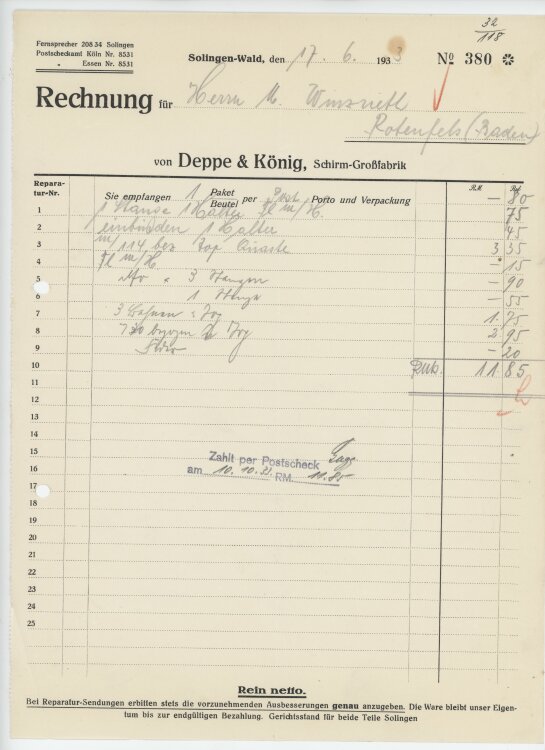 Firma M. Winzrieth (Kaufhaus)an Deppe & König Schirm-Grossfabrik- Rechnung - 17.06.1933