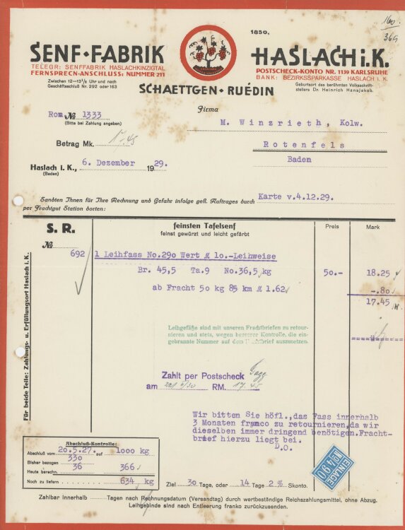 Firma M. Winzrieth (Kaufhaus)an Senf-Fabrik...