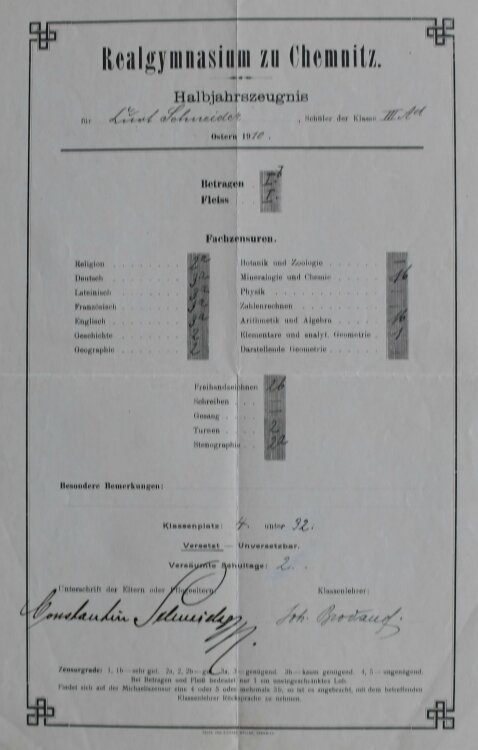Realgymnasium zu Chemnitz - Zeugnis - 1910