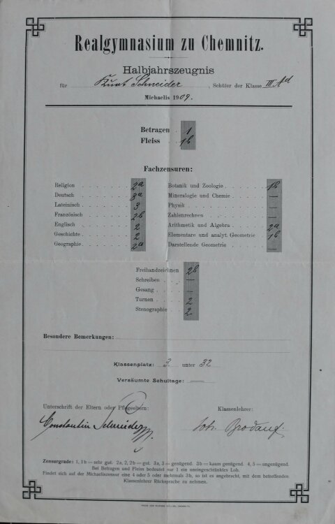 Realgymnasium zu Chemnitz - Zeugnis - 1909