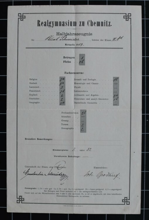 Realgymnasium zu Chemnitz - Zeugnis - 1909