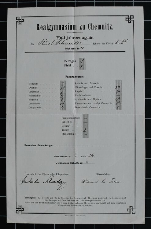 Realgymnasium zu Chemnitz - Zeugnis - 1911