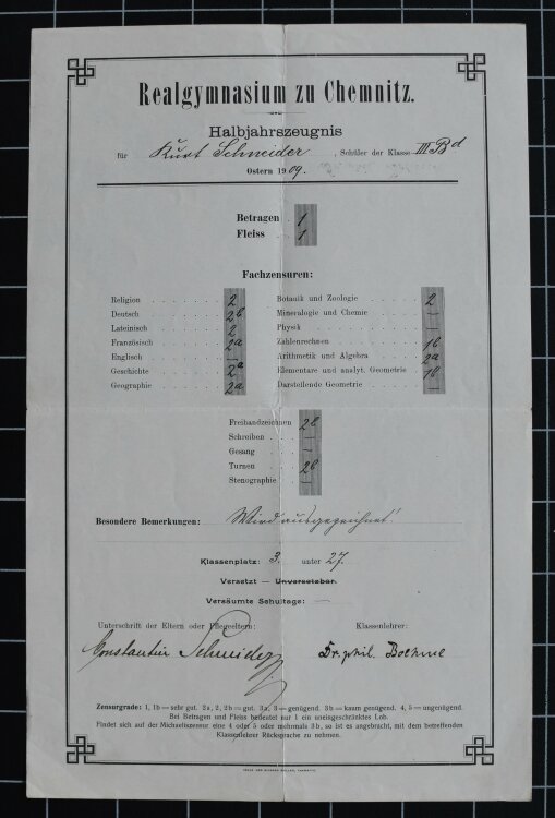 Realgymnasium zu Chemnitz - Zeugnis - 1909