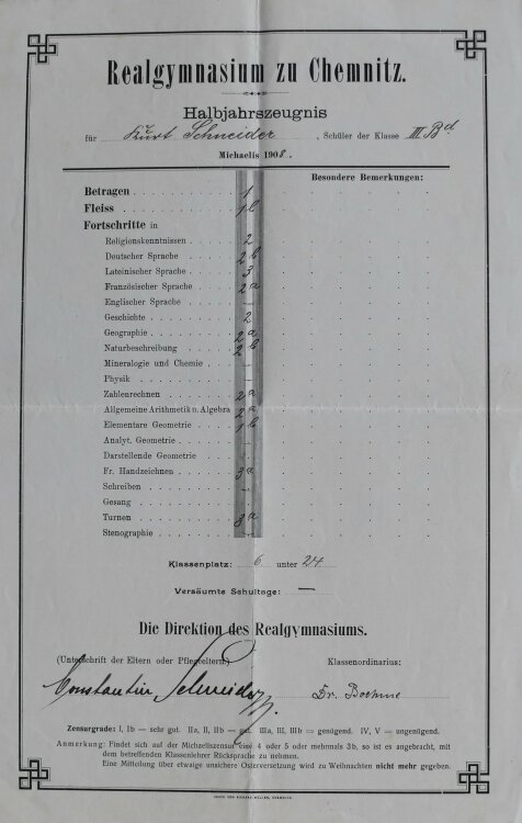 Realgymnasium zu Chemnitz - Zeugnis - 1908