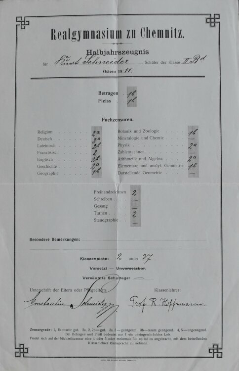 Realgymnasium zu Chemnitz - Zeugnis - 1911