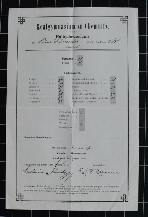 Realgymnasium zu Chemnitz - Zeugnis - 1911