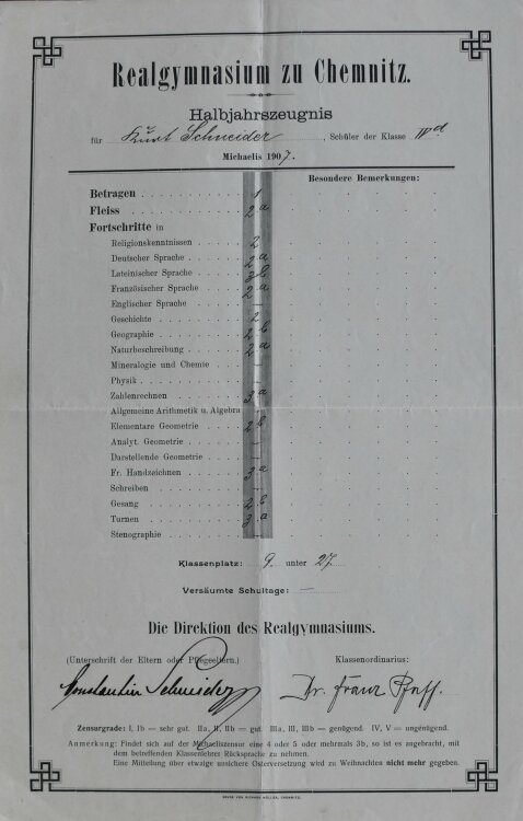 Realgymnasium zu Chemnitz - Zeugnis - 1907