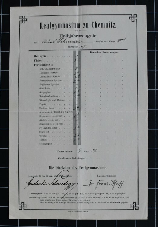 Realgymnasium zu Chemnitz - Zeugnis - 1907