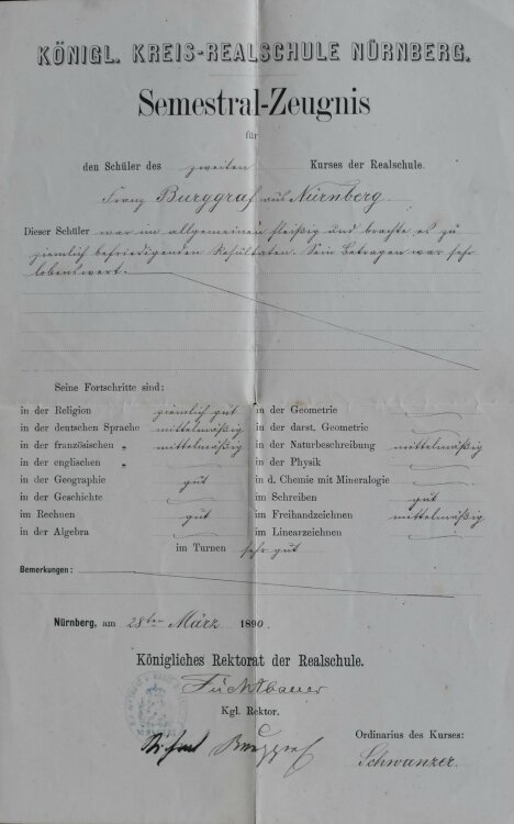 Königl Kreis Realschule Nürnberg - Zeugnis - 28.03.1890