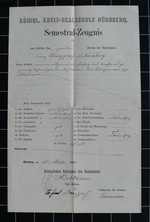 Königl Kreis Realschule Nürnberg - Zeugnis - 28.03.1890