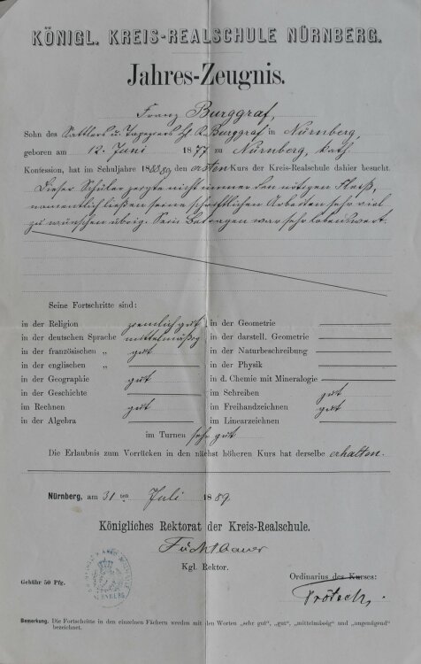 Königl Kreis Realschule Nürnberg - Zeugnis - 31.07.1889