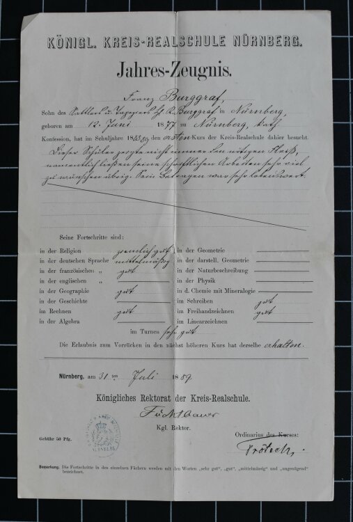 Königl Kreis Realschule Nürnberg - Zeugnis - 31.07.1889