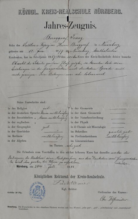 Königl Kreis Realschule Nürnberg - Zeugnis - 31.07.1888