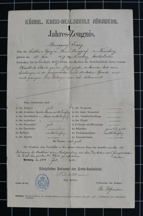 Königl Kreis Realschule Nürnberg - Zeugnis - 31.07.1888