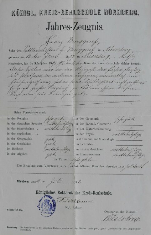 Königl Kreis Realschule Nürnberg - Zeugnis - 06.08.1878