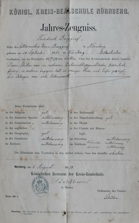 Königl Kreis Realschule Nürnberg - Zeugnis - 06.08.1881