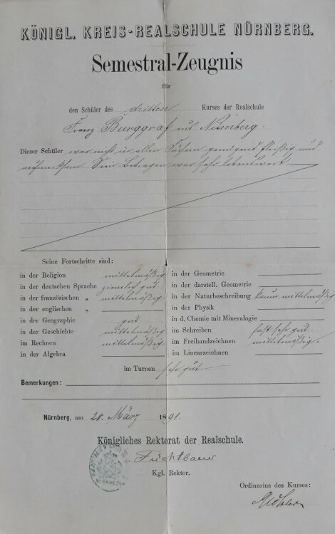 Königl Kreis Realschule Nürnberg - Zeugnis - 04.08.1880