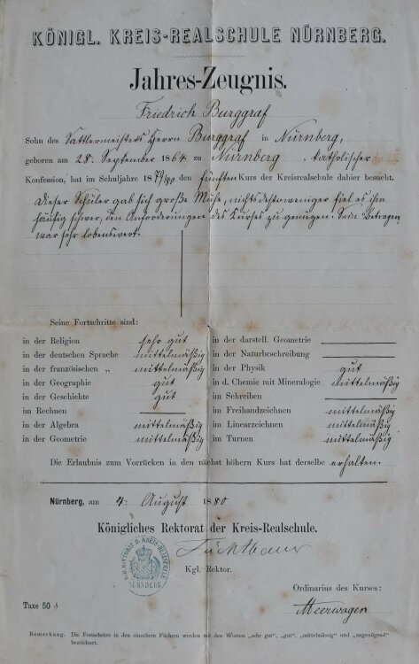 Königl Kreis Realschule Nürnberg - Zeugnis - 12.04.1889