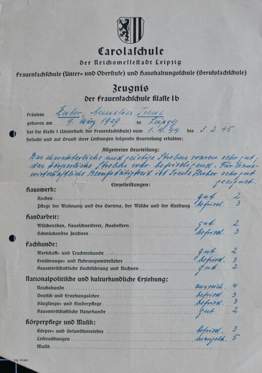 Friedrich List Schule - Zeugnis - 1941