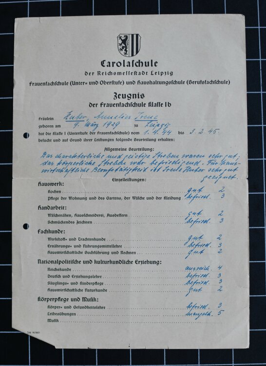 Friedrich List Schule - Zeugnis - 1941