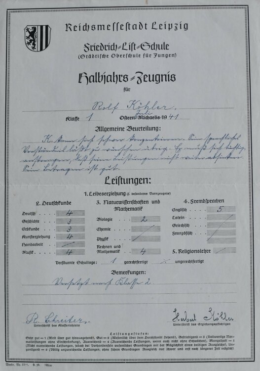 Friedrich List Schule - Zeugnis - 1943