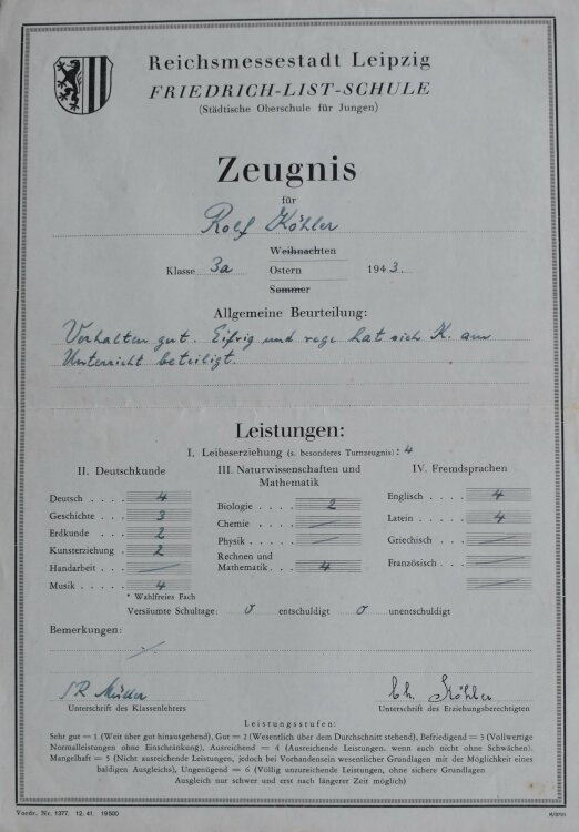 Friedrich Nießsche Schule - Zeugnis - 19.05.1943