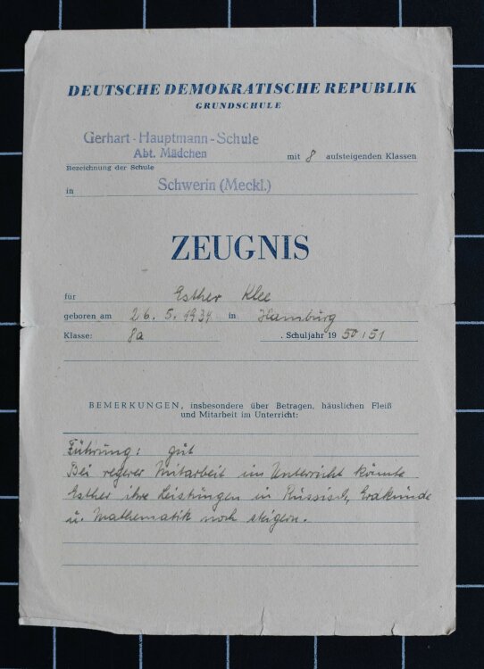 Gerhard Hauptmann Schule - Zeugnis - 1950