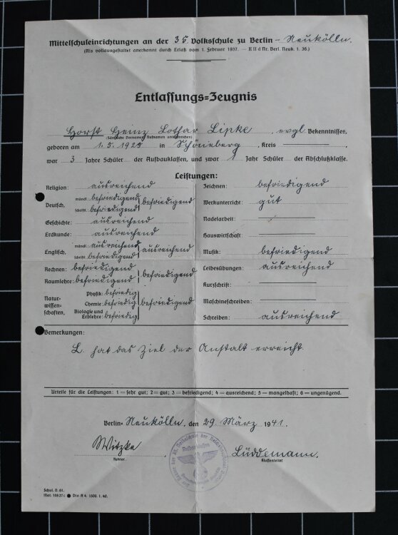 evangelische Volkschule Radewell - Zeugnis - 23.03.1923