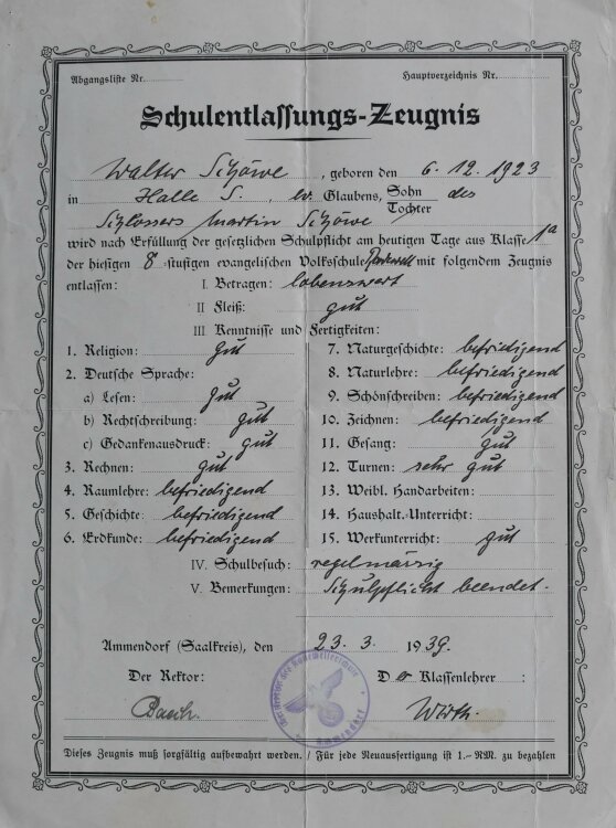 9. Volksschule - Zeugnis - 27.03.1943