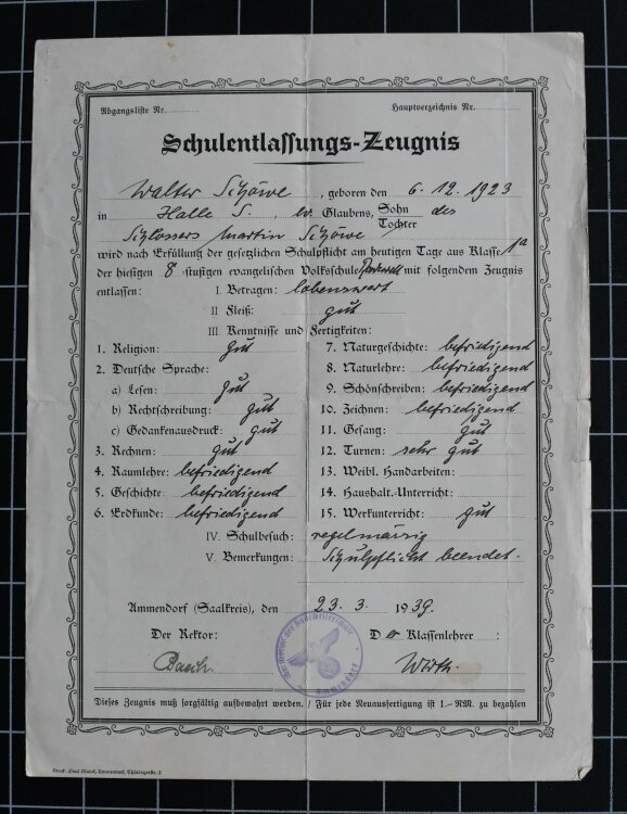 9. Volksschule - Zeugnis - 27.03.1943