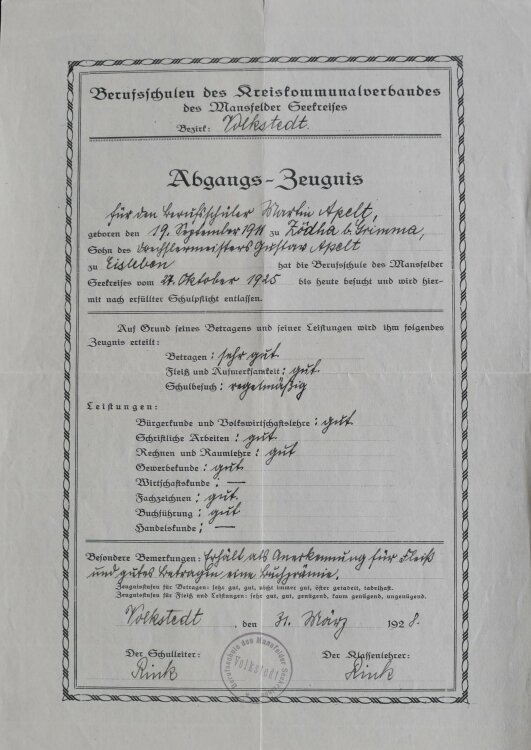 Berufsschulen des Kreiskommunalverbandes - Zeugnis - 31.03.1928