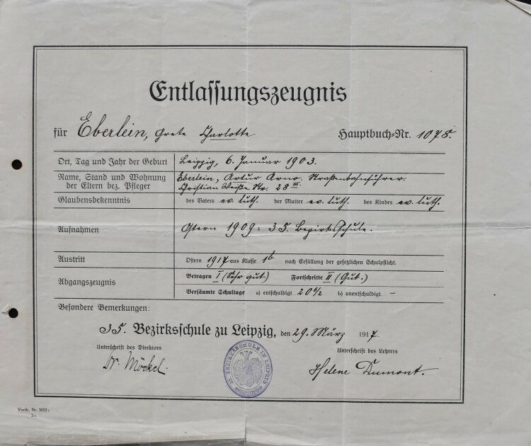 Bezirksschule - Zeugnis - 29.03.1917