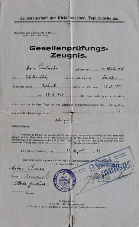 Genossenschaft der Kleidermacher - Zeugnis - 30.08.1934