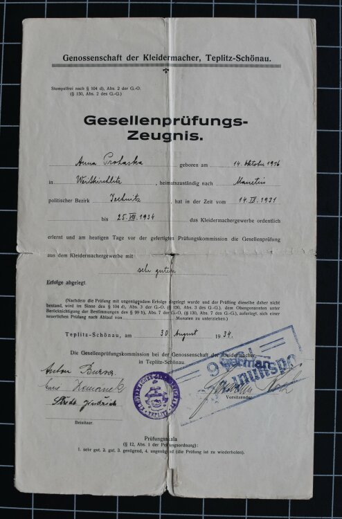 Genossenschaft der Kleidermacher - Zeugnis - 30.08.1934