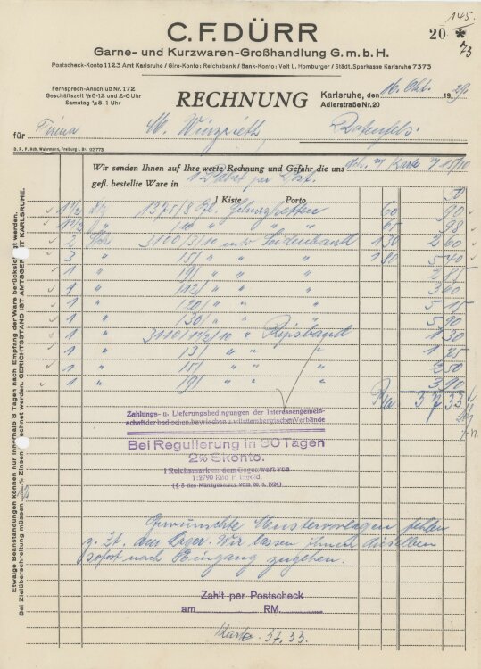 Firma M. Winzrieth (Kaufhaus)an C. F. Dürr Garne- und Kurzwarenhandlung GmbH- Rechnung - 16.10.1929