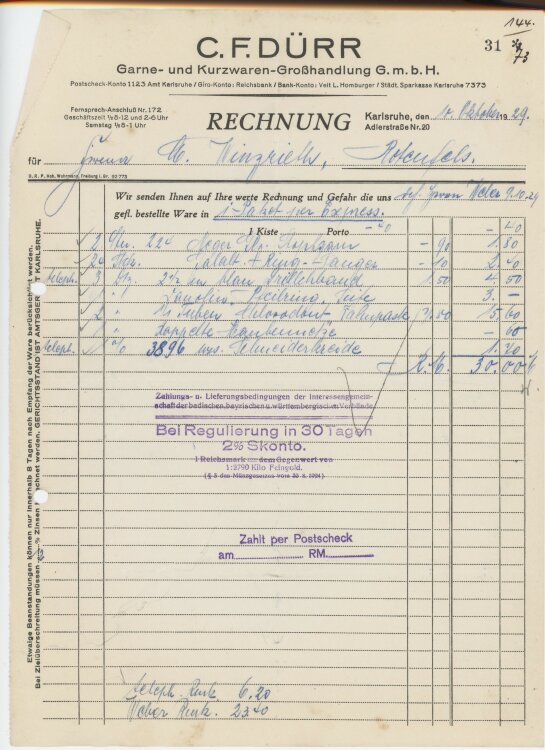 Firma M. Winzrieth (Kaufhaus)an C. F. Dürr Garne- und Kurzwarenhandlung GmbH- Rechnung - 10.10.1929