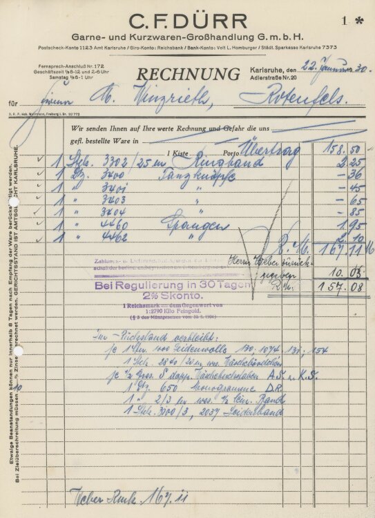 Firma M. Winzrieth (Kaufhaus)an C. F. Dürr Garne- und Kurzwarenhandlung GmbH- Rechnung - 22.01.1930